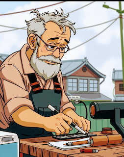 Illustration of an elderly bearded man with glasses working at a table with tools and small parts