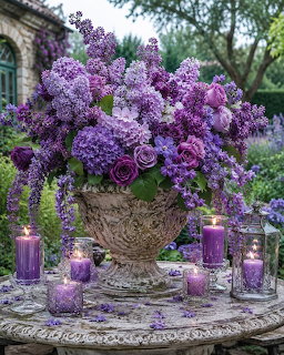 Purple lilac and rose bouquet in a stone urn on a garden table with purple candles
