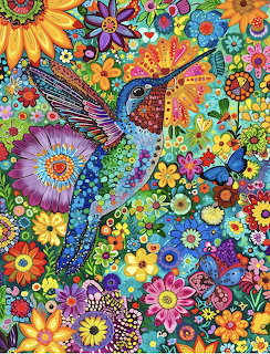 Colorful mosaic hummingbird with ornate flowers and geometric patterns in vivid rainbow colors