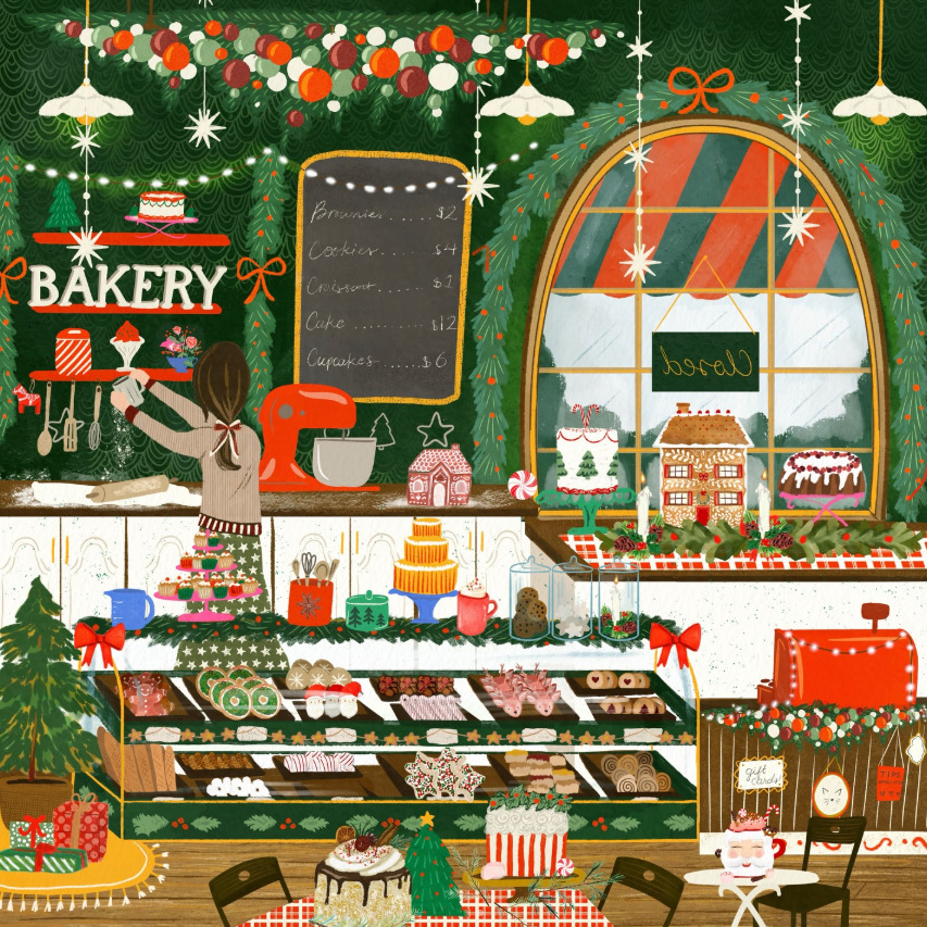 Illustrated Christmas bakery shop interior with decorated storefront, holiday desserts and seasonal decorations