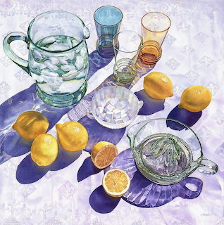 Watercolor painting of glass pitchers, colored glasses, lemons and ice cubes with purple shadows