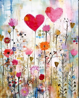 Watercolor painting of hearts floating above colorful wildflowers on textured background