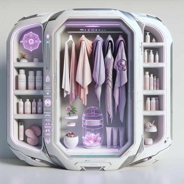 Futuristic white wardrobe with pastel clothes, glowing shelves, bottles, and small decor items