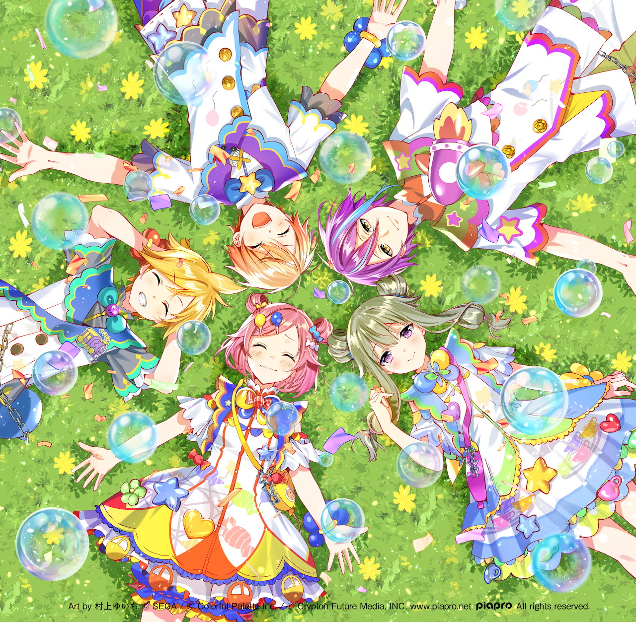Five anime characters lying on grass in a circle, surrounded by bubbles and flowers