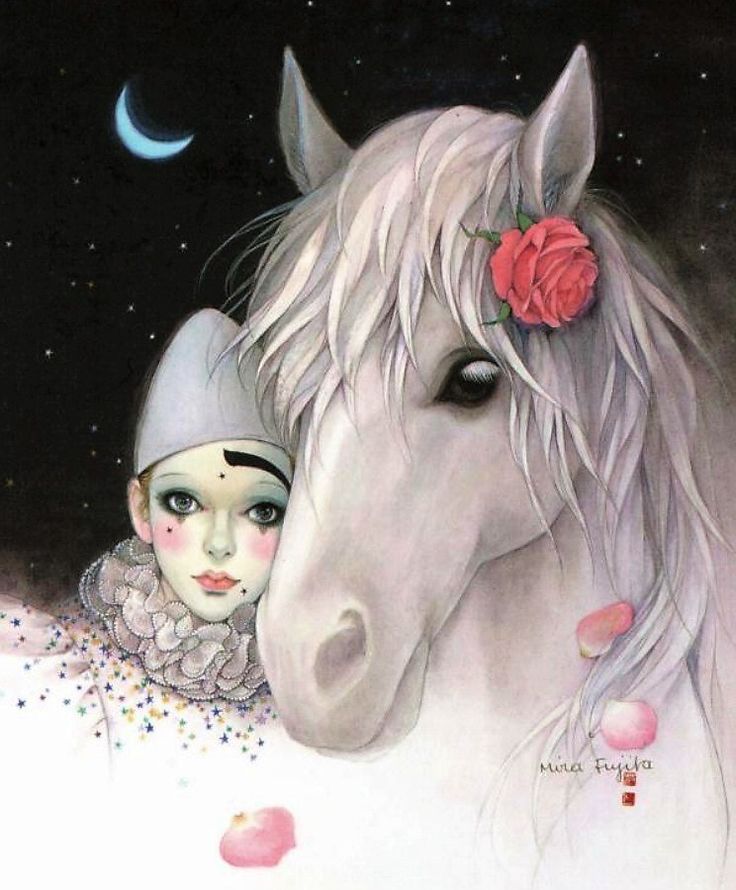Illustration of a sad Pierrot clown beside a white horse with a pink rose, under a crescent moon and stars.