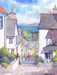 Watercolor of a narrow village street with white cottages descending toward the sea