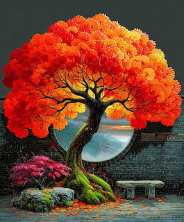 Glowing red maple tree with moss-covered stones and bench near water in fantasy landscape