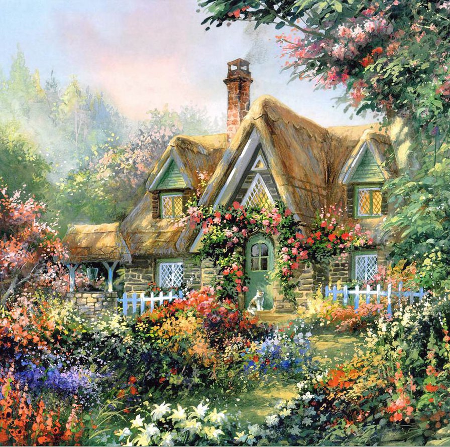 Painted thatched cottage with blooming garden, white picket fence, and forest background