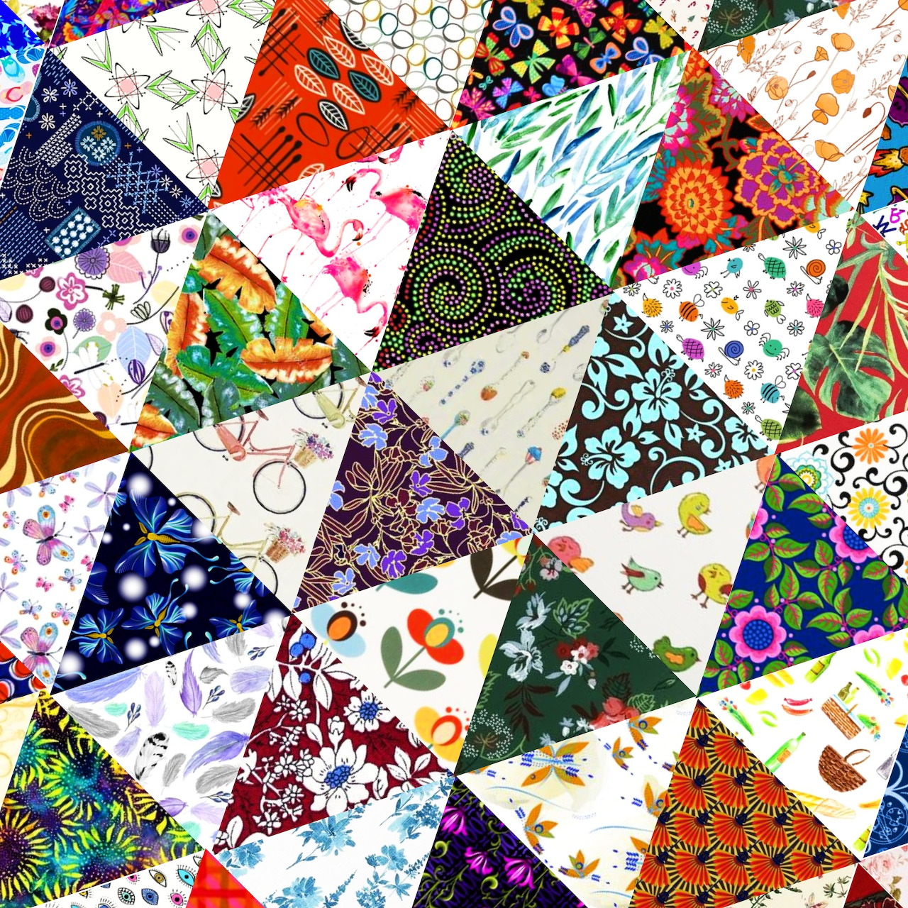 Colorful patchwork quilt made of triangle fabric pieces with varied patterns including flowers, dots, and geometric designs