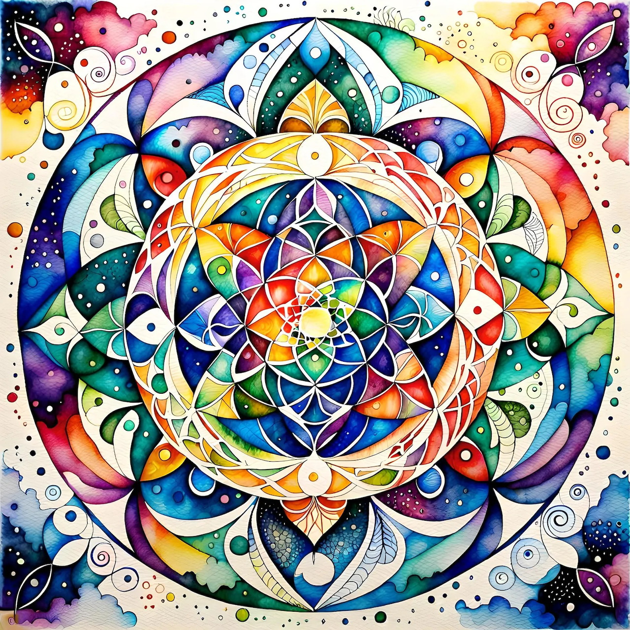 Colorful mandala with intricate zentangle patterns and rainbow gradients in symmetrical circular design