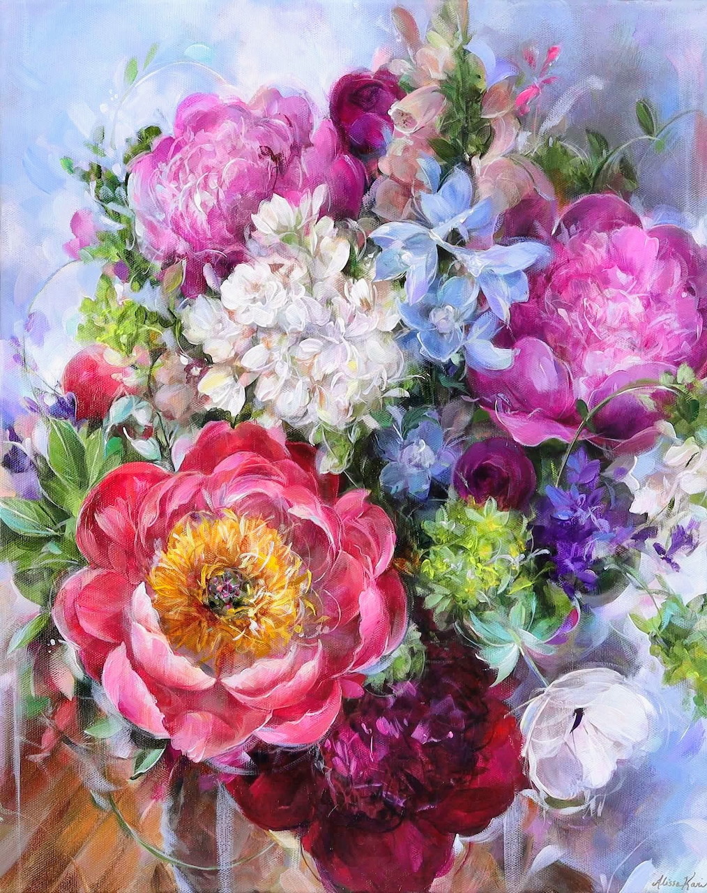 Painterly bouquet of pink, white, blue, and purple flowers on a soft pastel background
