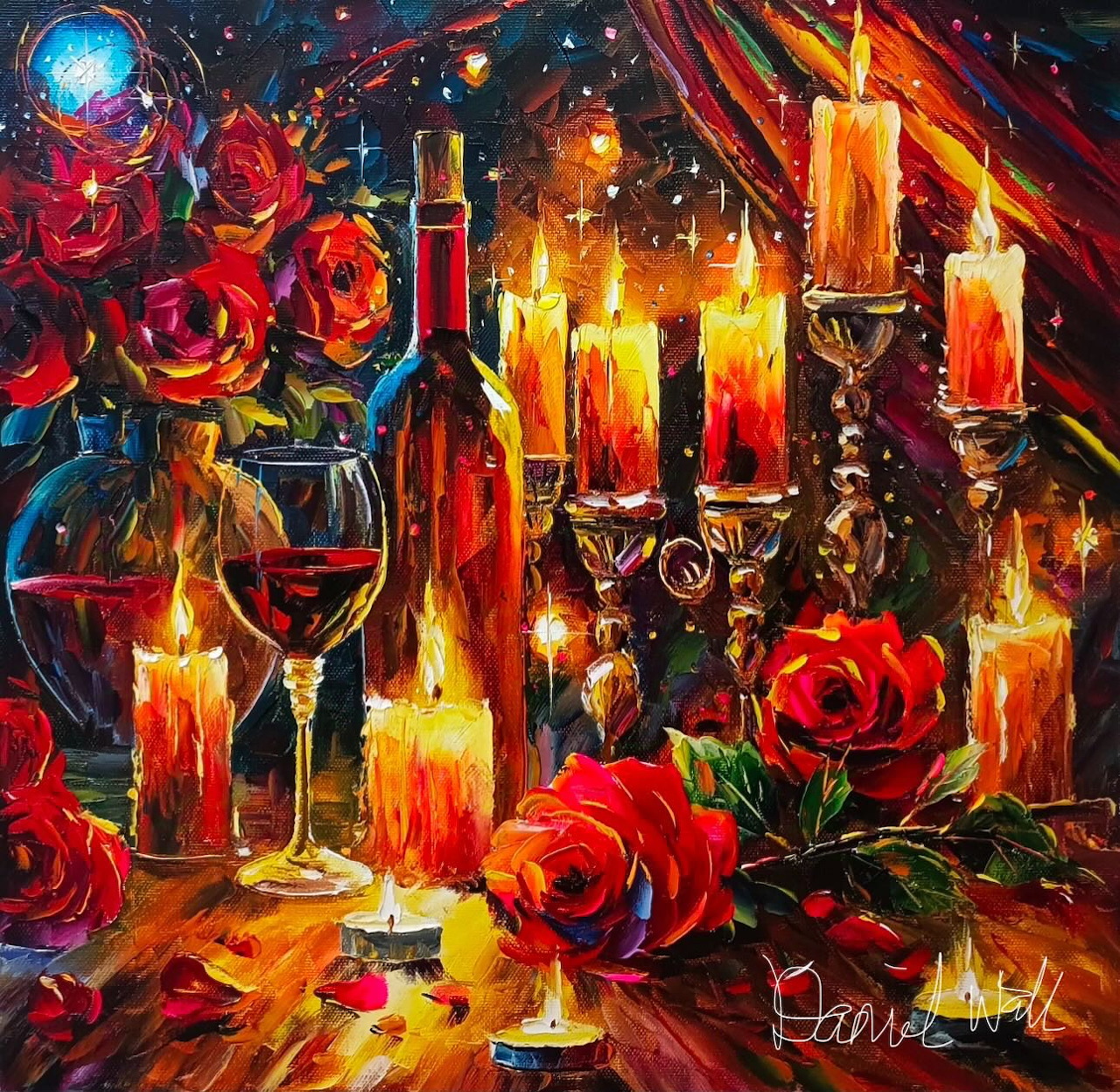 Colorful painting of lit candles, red roses, and wine glasses with warm glowing light against dark background