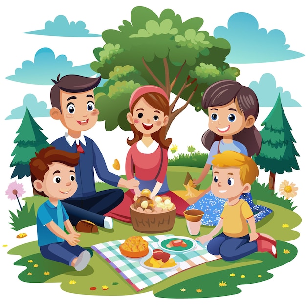 Cartoon family having picnic on blanket under tree with food basket