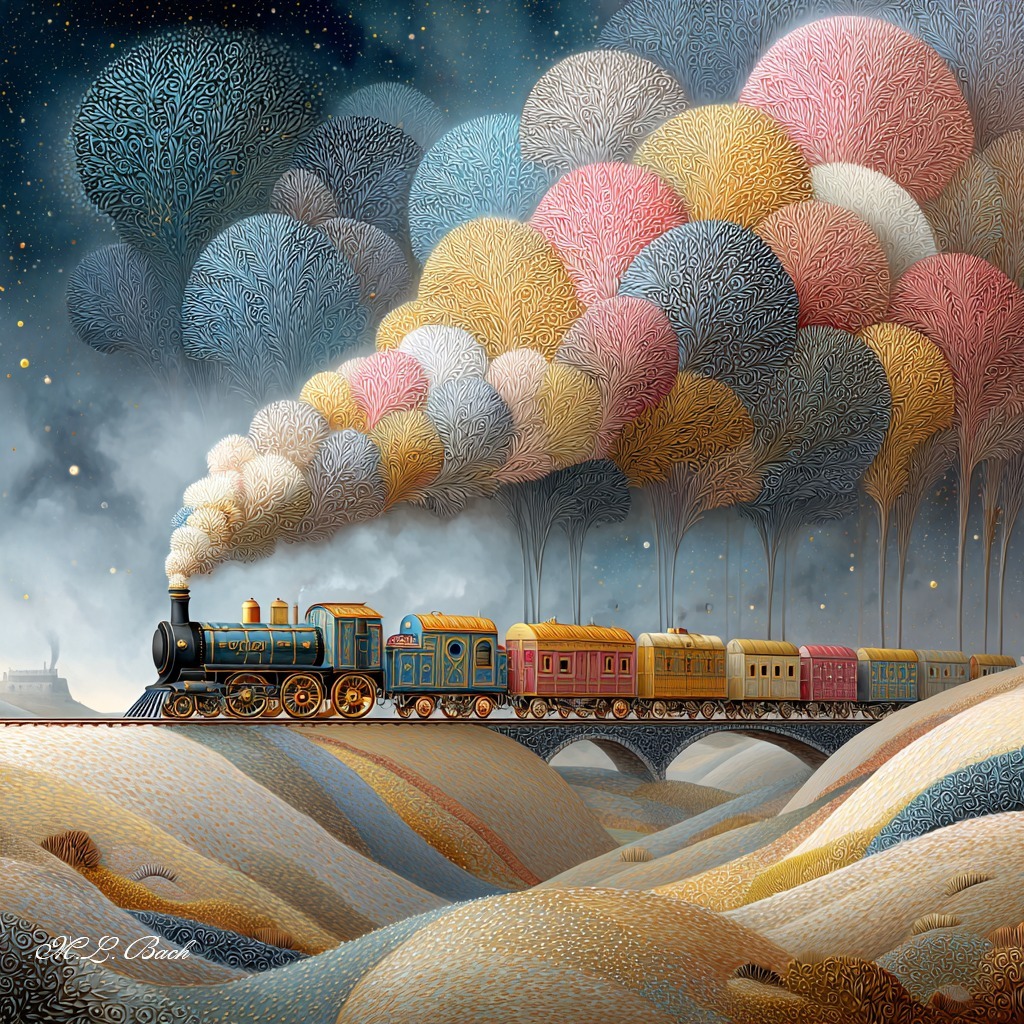Fantasy train with rainbow-colored cloud smoke traveling through stylized desert under starry night sky