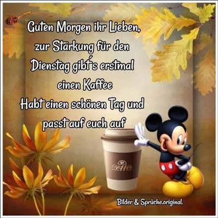 Mickey Mouse character holding coffee cup with German morning greeting text and autumn flowers