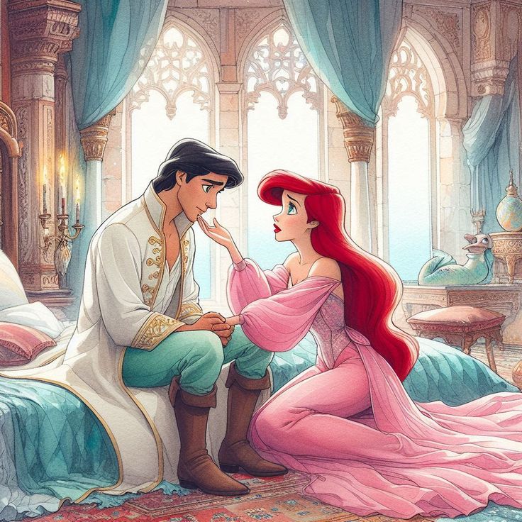 Disney's Ariel and Prince Eric sitting together in a romantic palace scene with ornate architecture