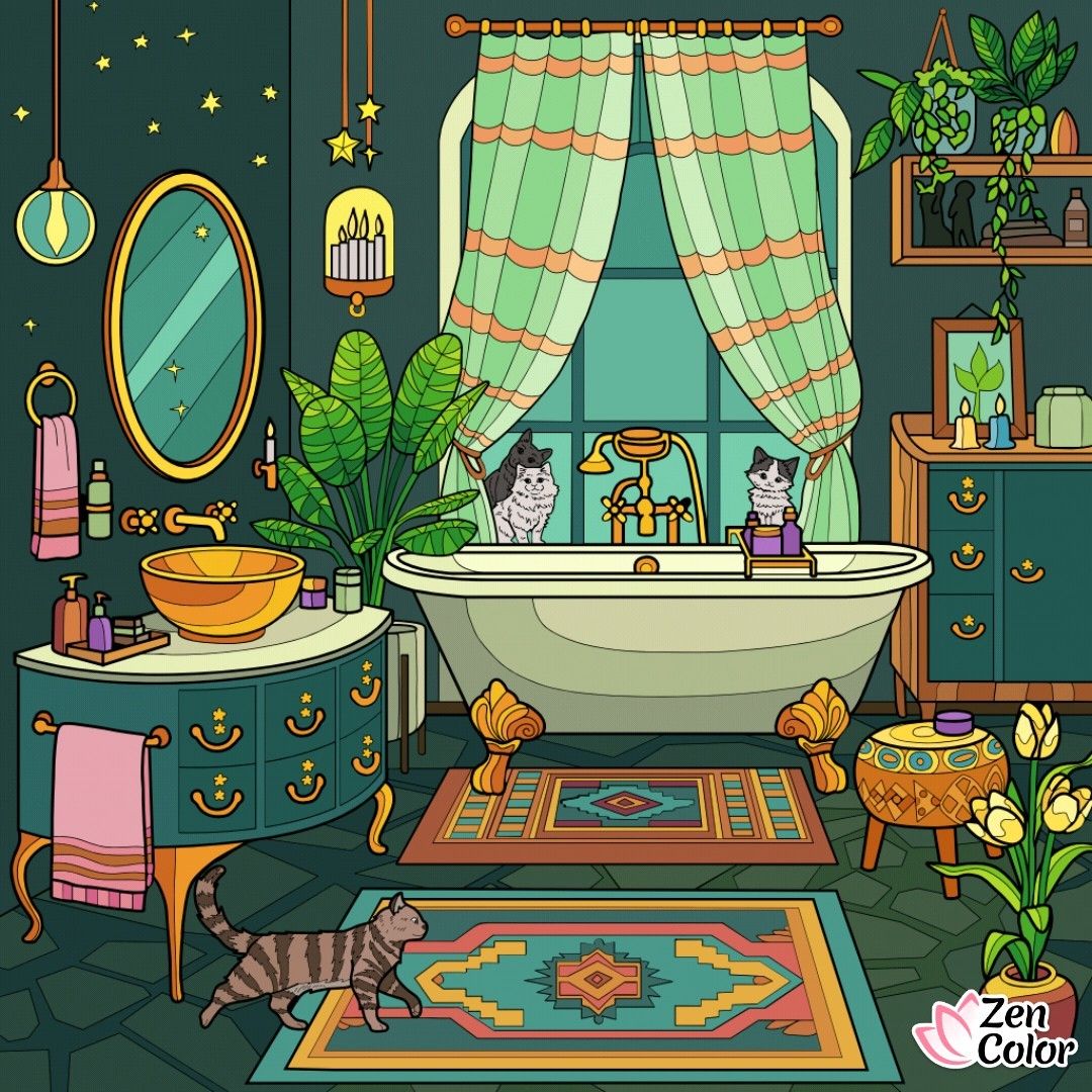 Illustrated bohemian bathroom with clawfoot tub, plants, colorful rugs, and vintage furnishings in teal and orange