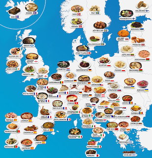 Map of Europe with illustrated traditional foods labeled for each country