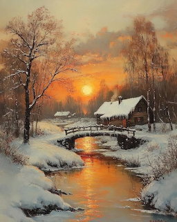 Snowy cottage by stream at sunset with golden sky reflection and bare winter trees