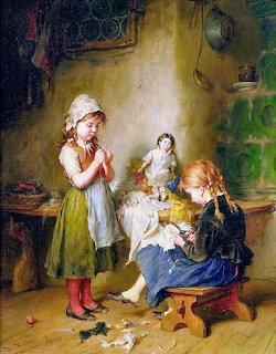 Painting of two girls sewing doll clothes in a cozy rustic room with dols on a table