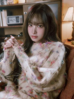 Young woman with bangs in a fuzy colorful sweater posing indoors with warm lighting