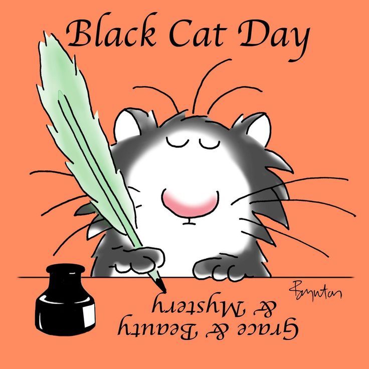 Cartoon black and white cat holding a green feather beside an ink bottle with Black Cat Day text