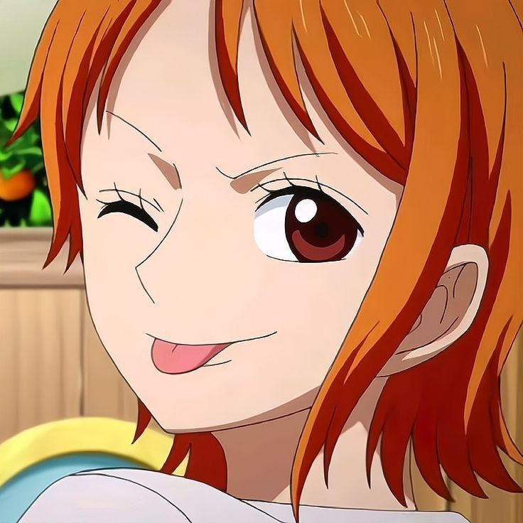 Anime character Nami with orange hair smiling cheerfully