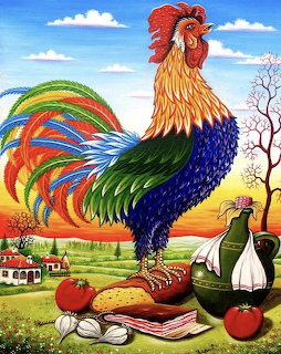 Colorful rooster with rainbow feathers standing on a checkered cloth with vegetables in a farm landscape