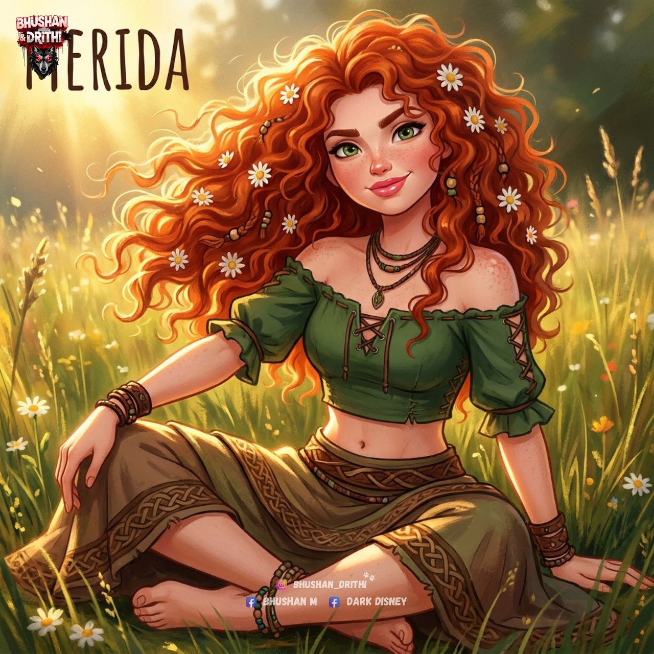 Illustration of Merida sitting barefoot in a flower-filled meadow with long curly red hair