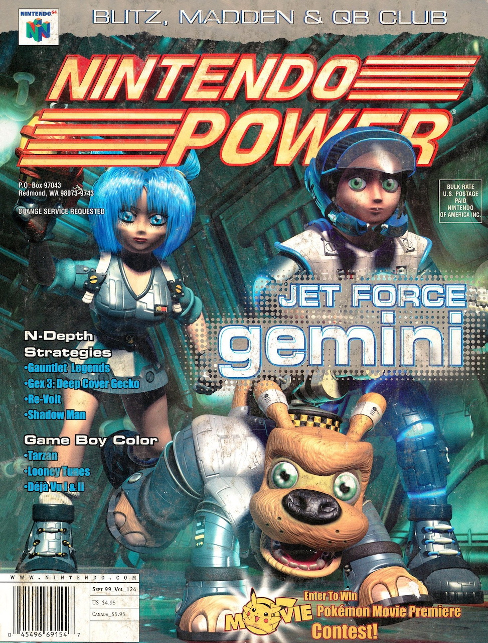 Nintendo Power magazine cover for Jet Force Gemini with sci-fi characters and a bear sidekick