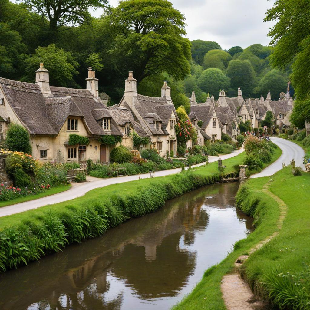 Traditional thatched cottages lining a stream in a picturesque English village with lush greenery