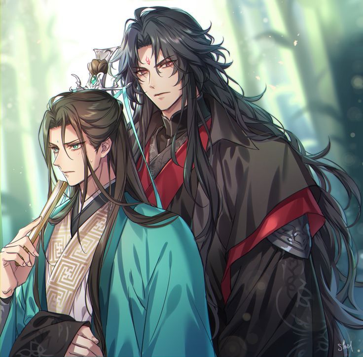 Anime illustration of two long-haired male characters in traditional robes standing together