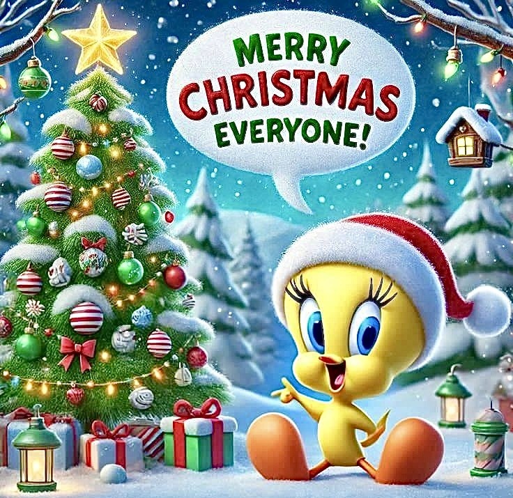 Tweety Bird wearing Santa hat next to Christmas tree with presents and snow