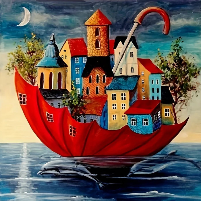 Village in Umbrella Surreal Art