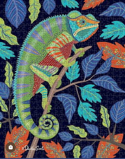 Colorful illustrated chameleon on a branch with decorative blue and orange leaves on dark background