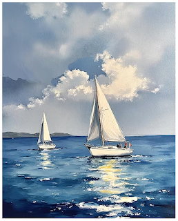 Painting of sailboats on a blue ocean with dramatic clouds and sunlight reflecting on waves