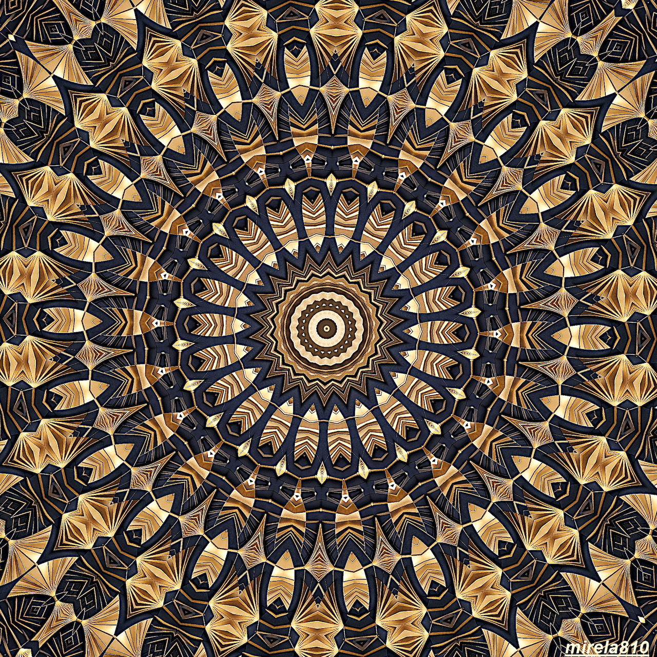 Ornate circular mandala with golden geometric patterns on black background in radial symmetry