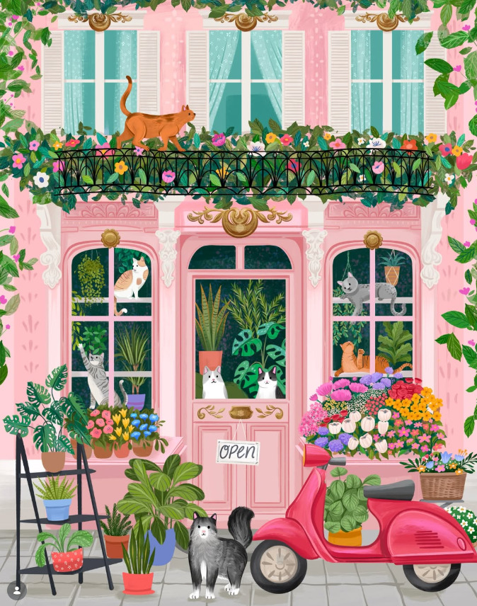 Pink flower shop illustration with cats, potted plants, and a red scooter outside