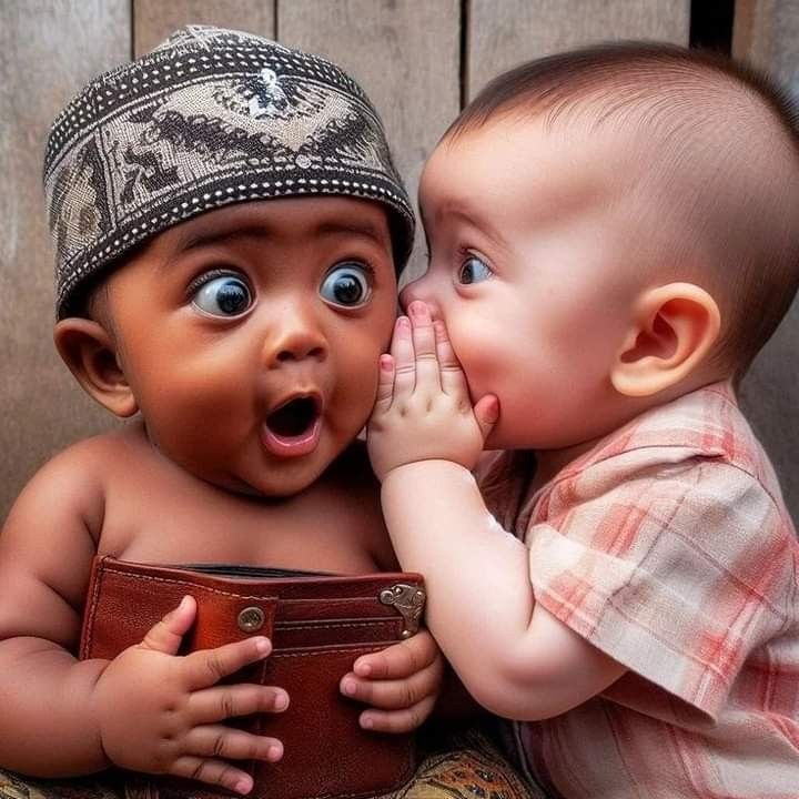 Cartoon illustration of two cute babies, one whispering to another with a shocked expression