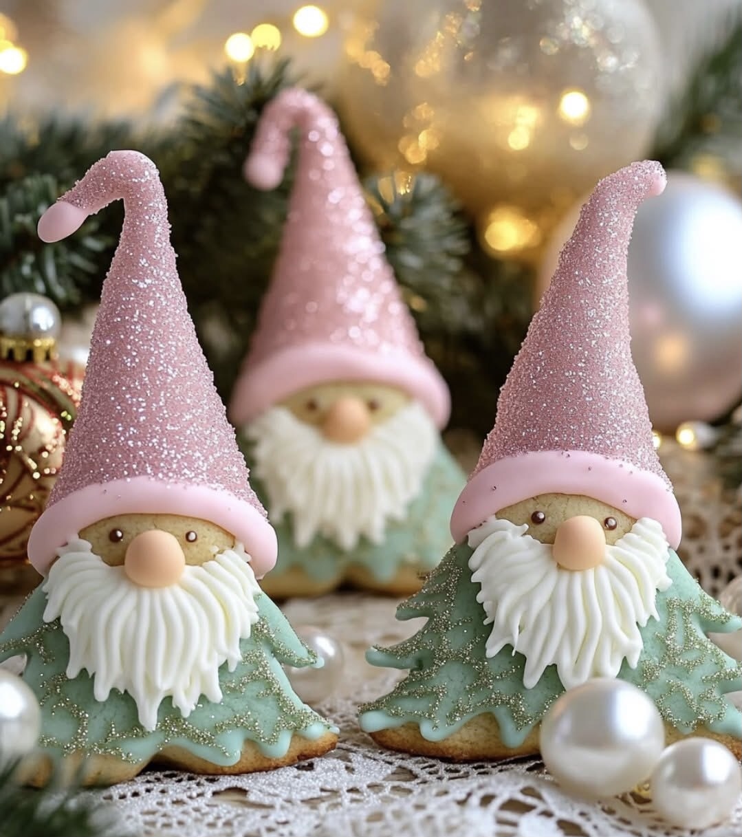 Three decorative Christmas gnome cookies with pink glittery hats and white beards on a festive table with pine branches
