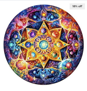 Colorful circular mandala with a glowing star, ornate patterns, and jewel-like details