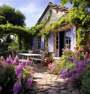 White cottage with thatched roof surrounded by colorful flowers and garden furniture on a stone path
