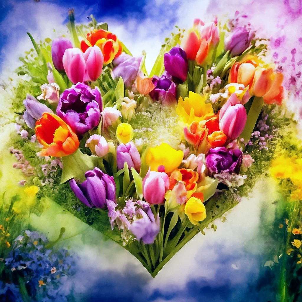 Watercolor heart-shaped arrangement of pink, purple, yellow, and orange tulips with small white flowers on cloudy background