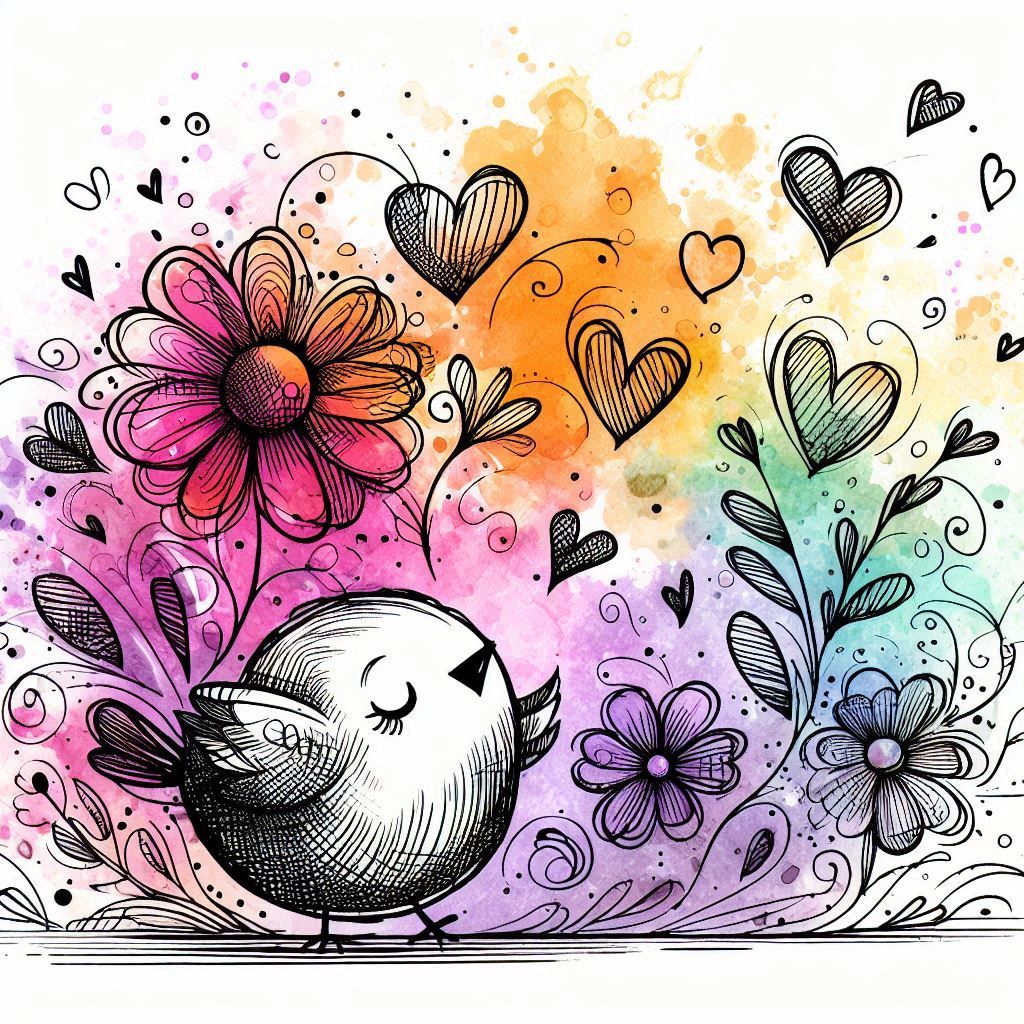Whimsical ink and watercolor illustration of a small bird surrounded by flowers, hearts, and colorful splashes