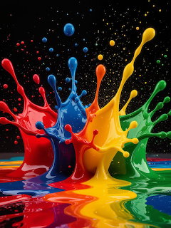 Colorful paint splashes of blue, red, yellow, and green erupting against a dark background