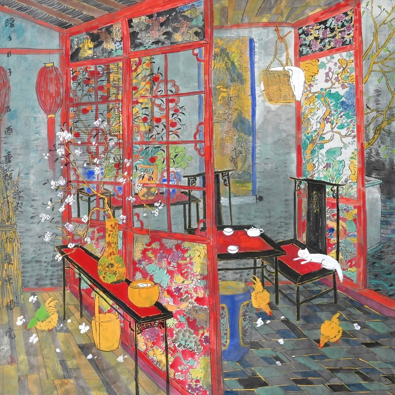 Impressionistic painting of traditional Chinese interior with red frames, floral panels, chairs and blossoms