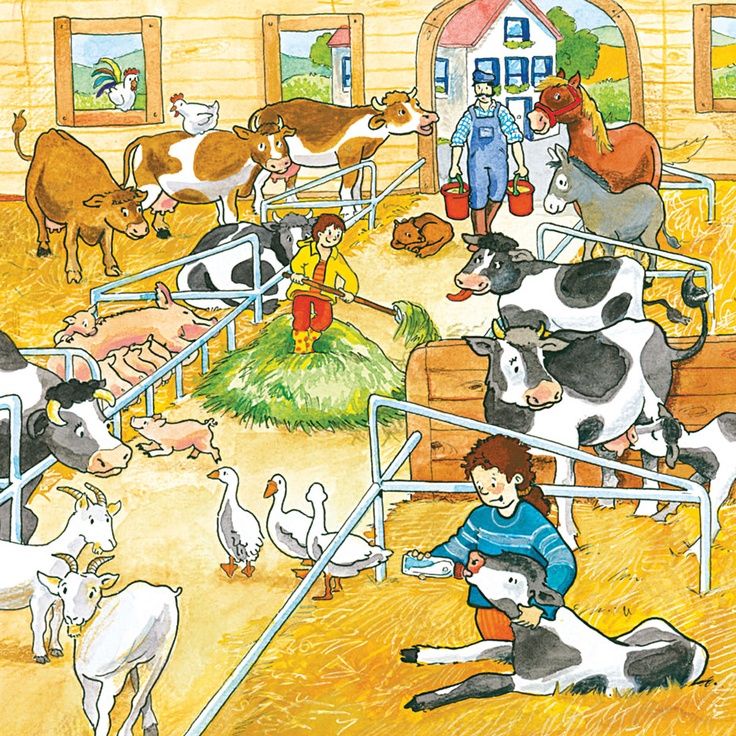 Illustrated barn interior with people doing farm chores, feeding cows, chickens, and other animals