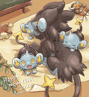 Luxray Pokemon with Shinx and Luxio family group illustration in cozy indoor setting