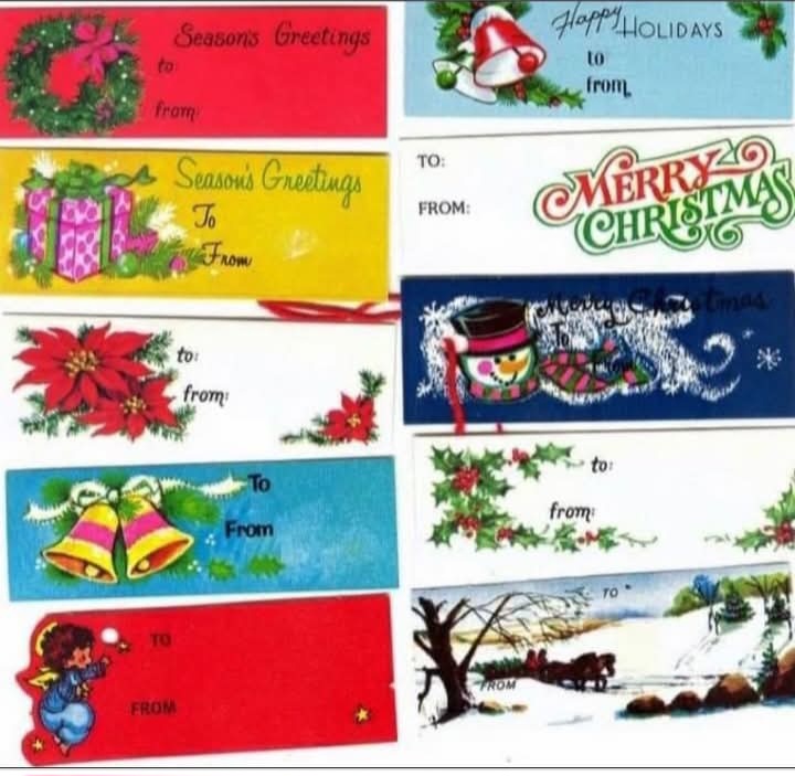 Collage of vintage Christmas gift tags with holiday illustrations and greetings