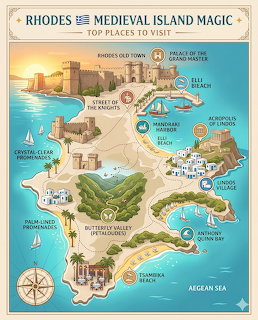 Colorful illustrated map of Rhodes island showing tourist attractions and landmarks
